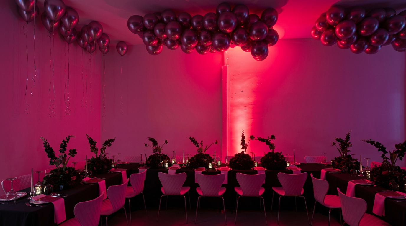 Magenta-lit dining room with chrome balloons