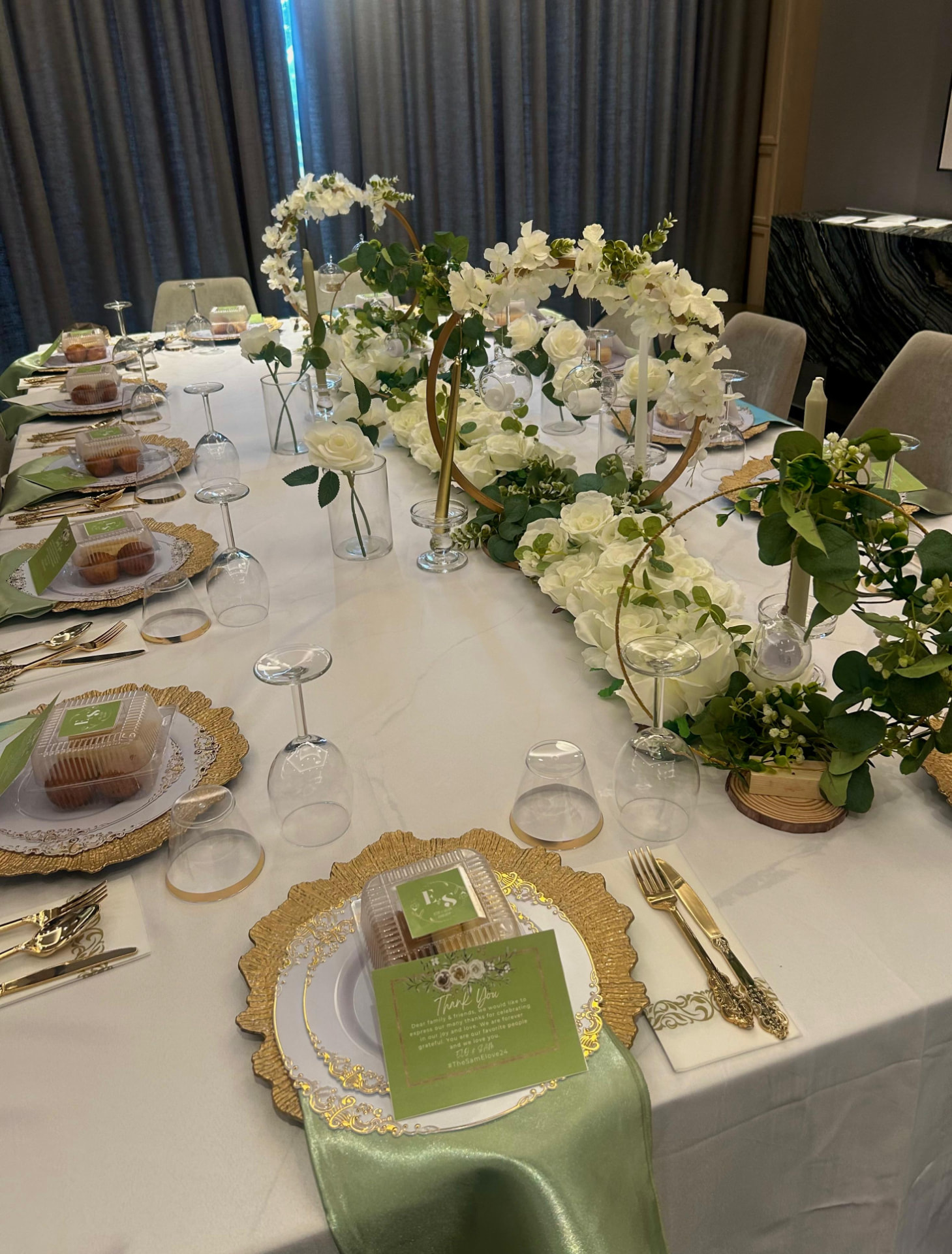 Ivory rose and eucalyptus banquet with gold chargers