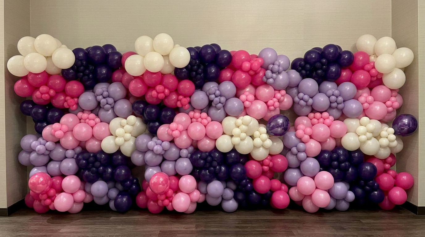 Pink, purple and ivory organic balloon garland wall