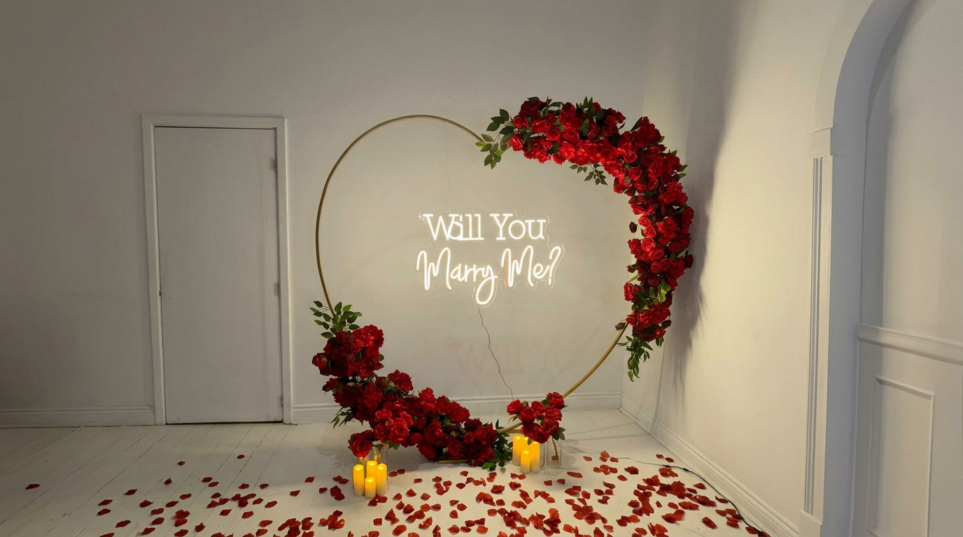 Red rose heart arch with neon signage