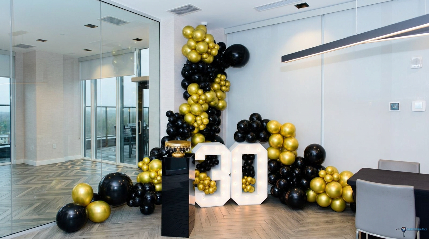 Black and gold balloon installation with marquee 30
