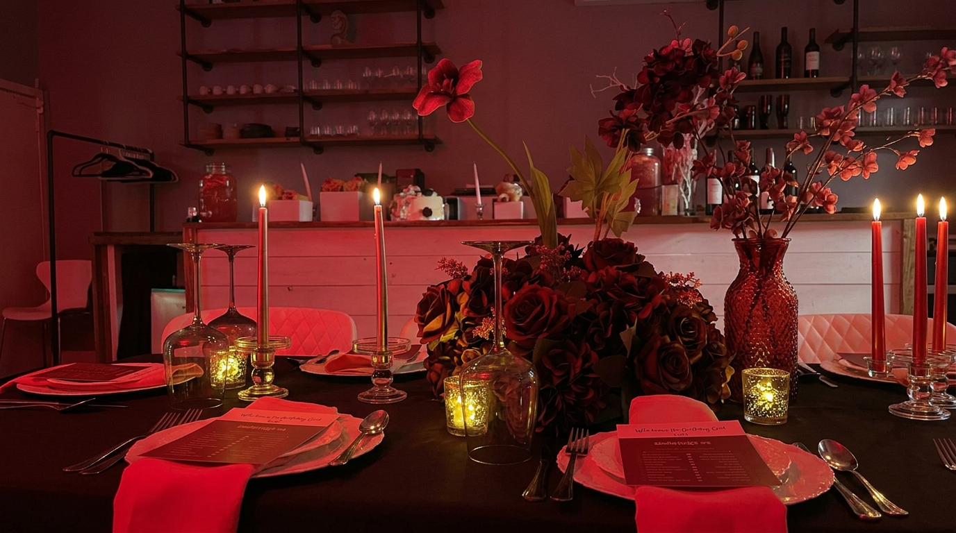 Moody crimson dinner setting with candles